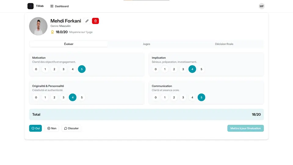 Capture d'écran de Tililab - Evaluation Platform, système d'évaluation pour SOREAD-2M / Tilila